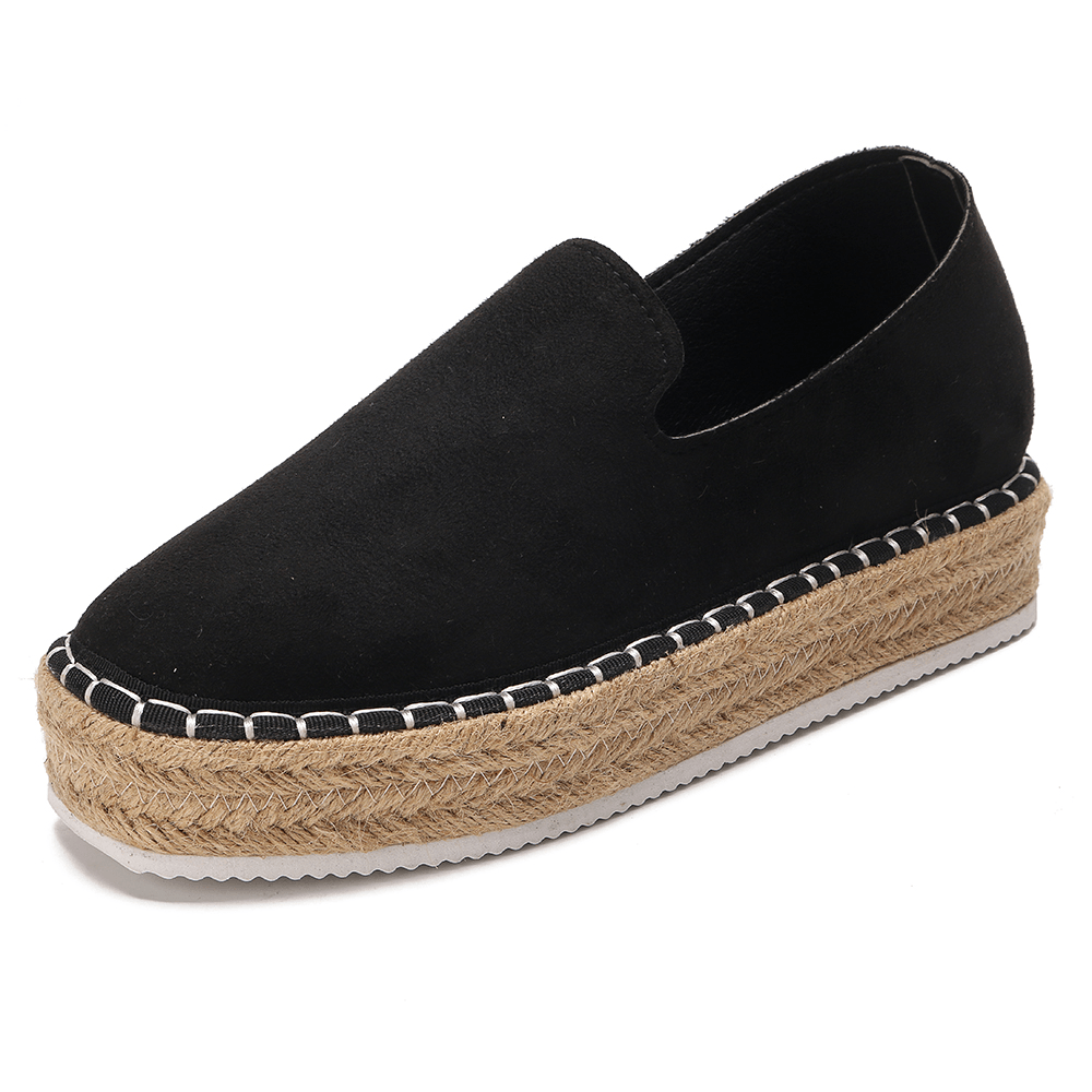 Women Suede Espadrilles Straw Braided Platform Loafers - MRSLM