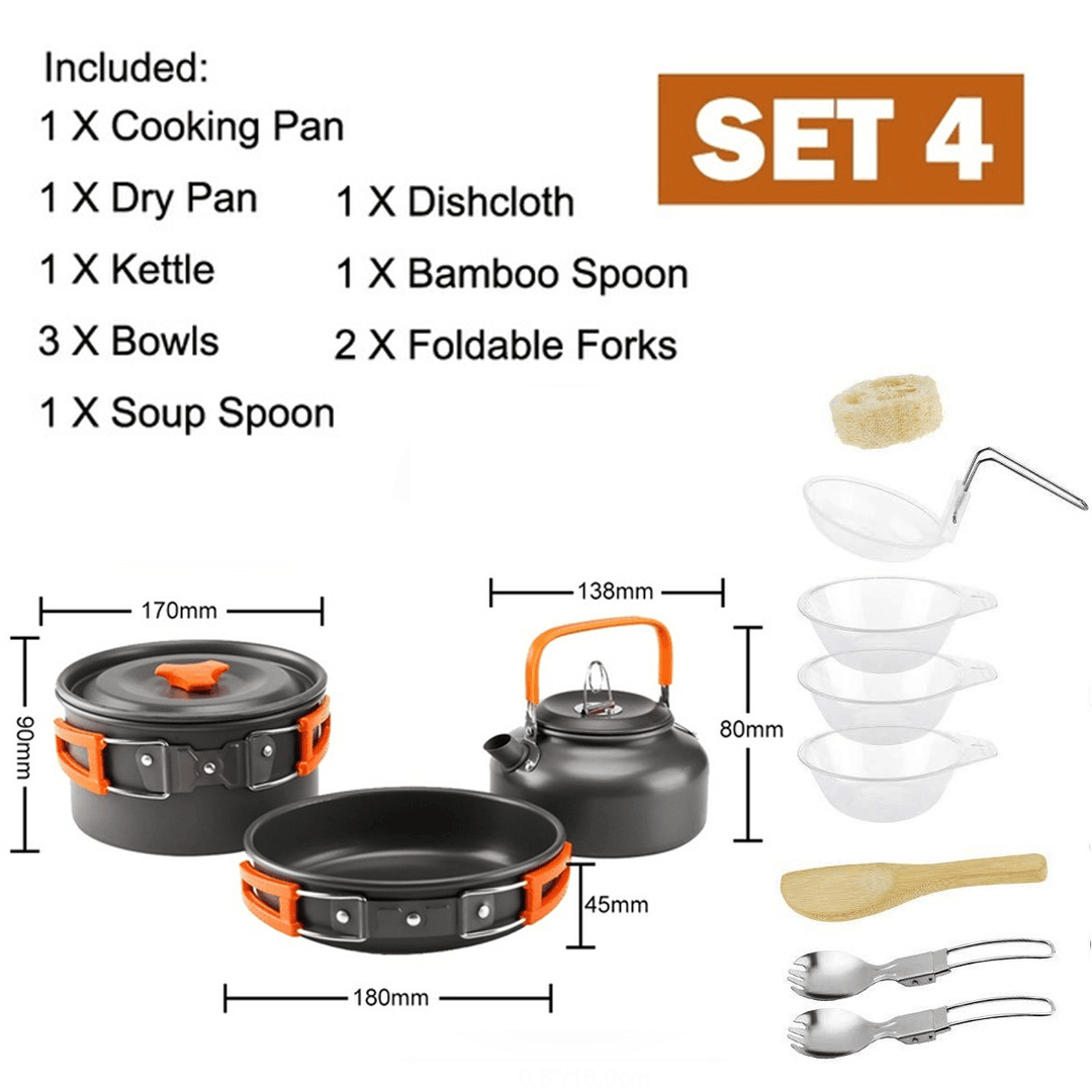 Outdoor Camping Hiking Cookware Tableware Picnic Cooking Pan Fry Pan Kettle Teapot Foldable Fork Spoon Kit Camping Picnic Tools - MRSLM