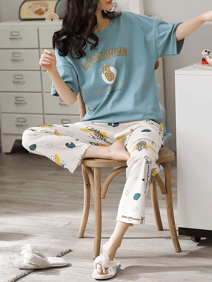 Women Floral Pattern Letter Print Short Sleeve Pocket Elastic Waist Home Pajama Sets - MRSLM