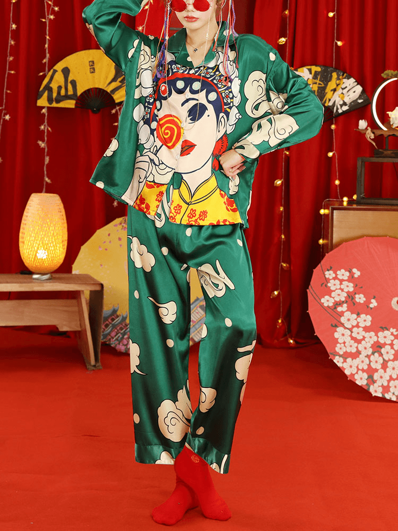 Women Chinese Style Cartoon Print Camp Collar Button up Long Sleeve Loose Pants Home Pajama Set - MRSLM