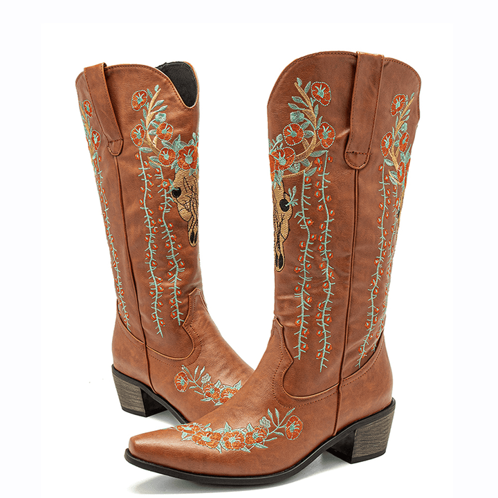 Women Retro Floral Animal Embroidery Leather Pointy-Toe V-Cut Chunky Heel Mid-Calf Knight Boots - MRSLM