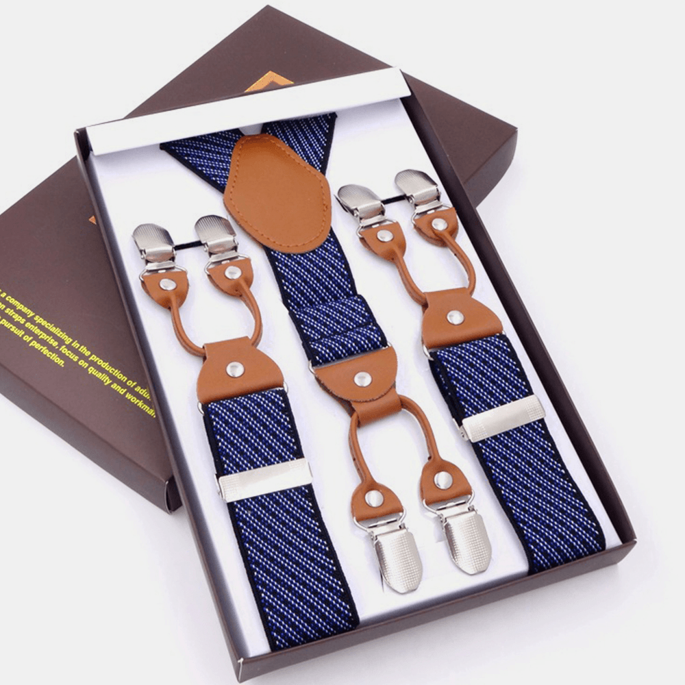 Men Rhombus Pattern 115Cm Hook Buckle Braces Suspenders High Elastic Adjustable 6 Clip Belt Strap - MRSLM