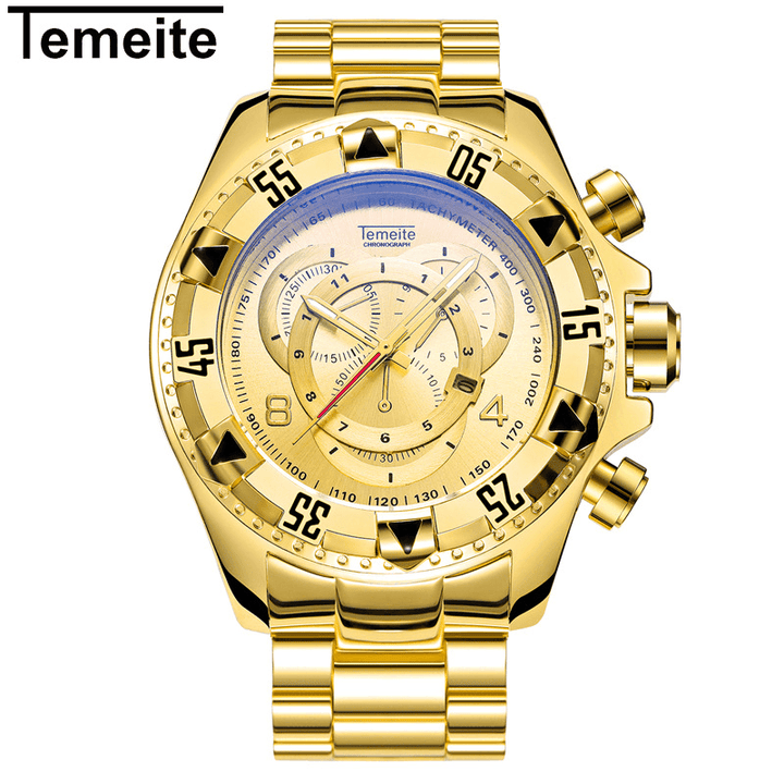 TEMEITE 020G Men Watch Business Waterproof Luminous Stainless Steel Calendar Three-Eyes Quartz Watch - MRSLM