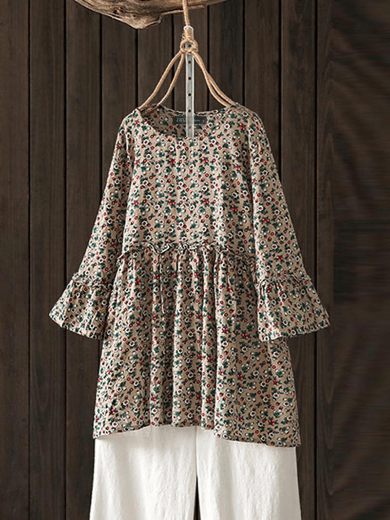 Women Casual Floral Printed O-Neck 3/4 Flare Sleeve Blouse - MRSLM