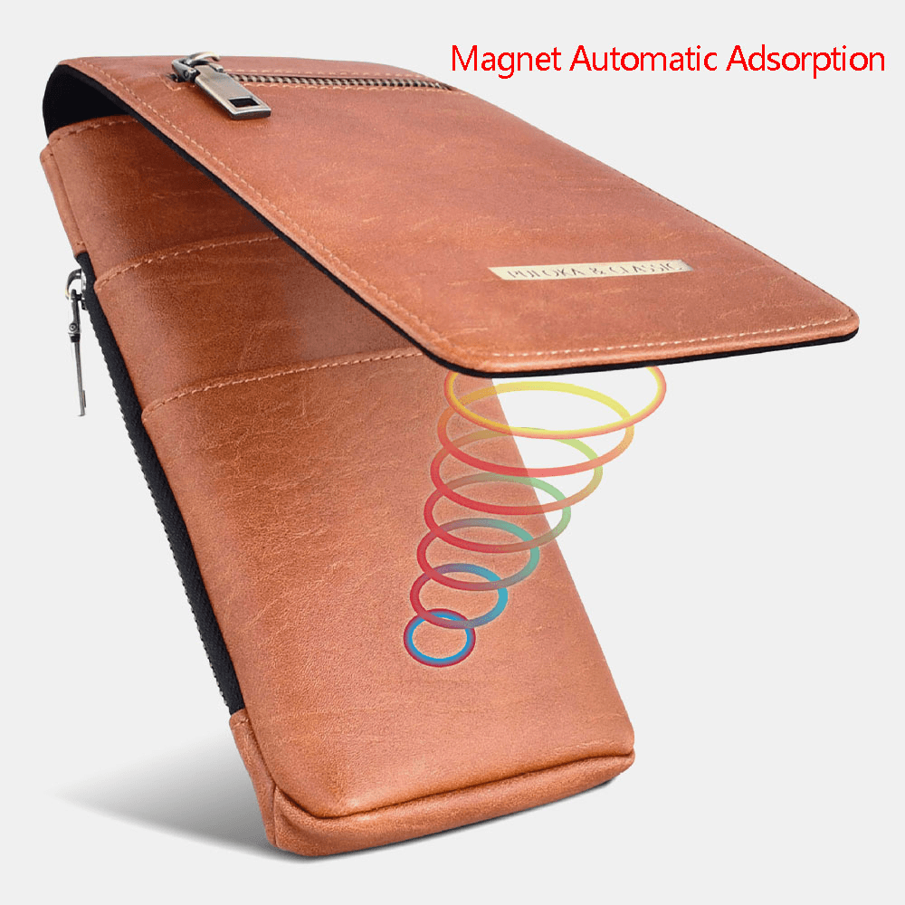 Men PU Leather Magnet Adsorption Multifunctional 6.3 Inch Phone Bag Sports Zipper Wallet Waist Bag with Hook Up - MRSLM