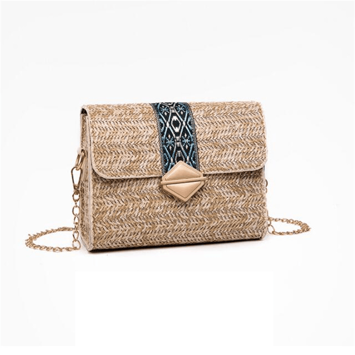 Women Summer Beach Straw Bag Bohemian Crossbody Messenger Shoulder Chain Bag - MRSLM