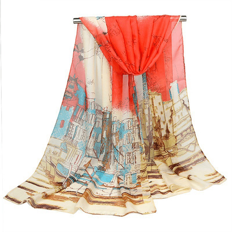 Women'S Georgette Silk Soft Scarves Shawl High Quality Oil Painting Print Long Scarf - MRSLM