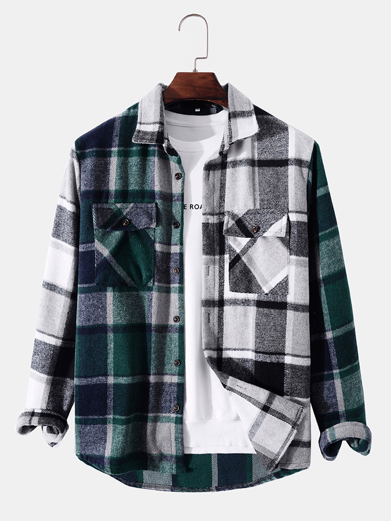 Men Patchwork Plaid Chest Pockets Button Lapel Casual Shirt - MRSLM