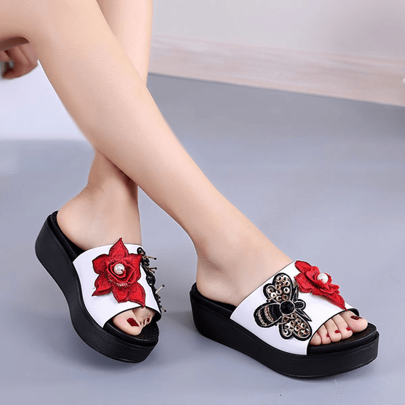 Women Summer Sandals Slip on Soft Sole Flower Embroidery Slippers - MRSLM