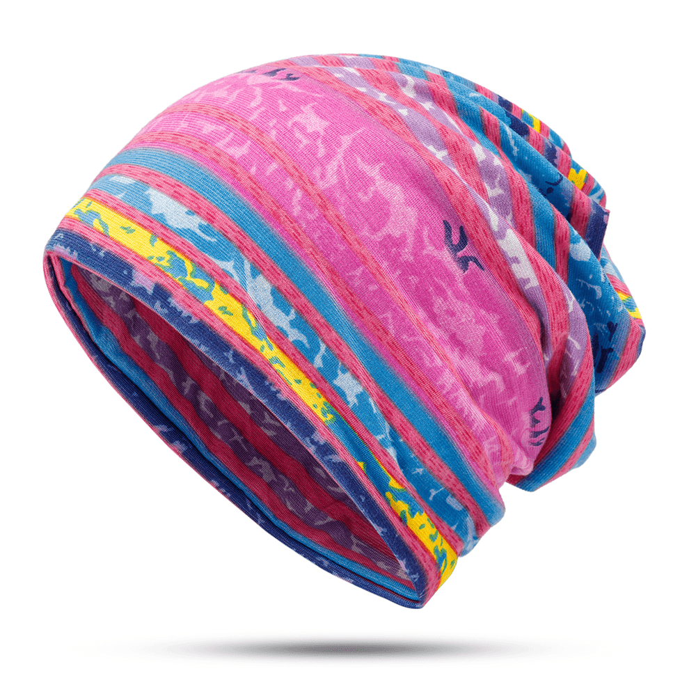 Women Cotton Earmuffs Rainbow Stripe Beanie Hat Scarf - MRSLM