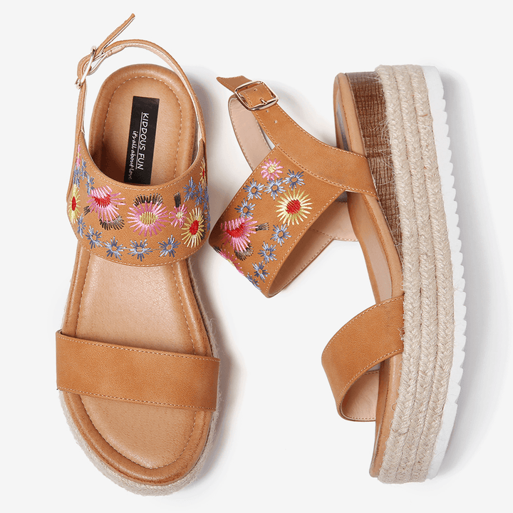 Women Espadrilles Embroidery Flowers Buckle Strap Slingback Platform Sandals - MRSLM