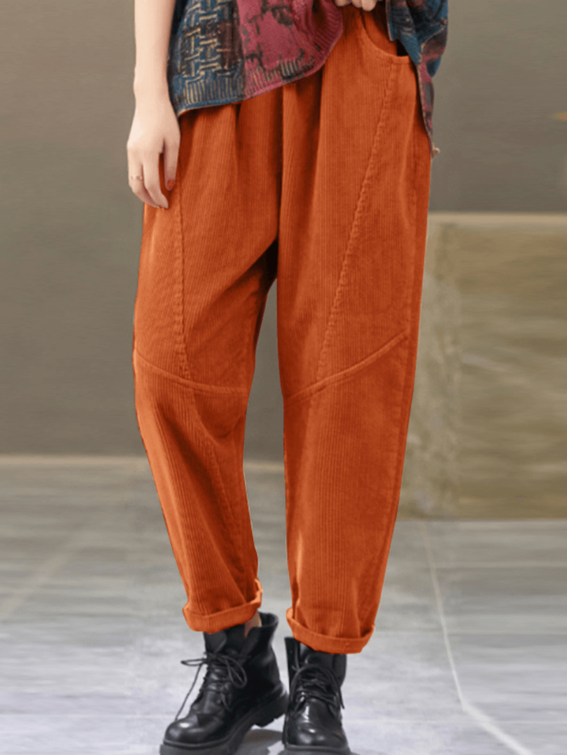 Women Corduroy Elastic Waist Side Pockets Solid Color Ankle Length Casual Pants - MRSLM