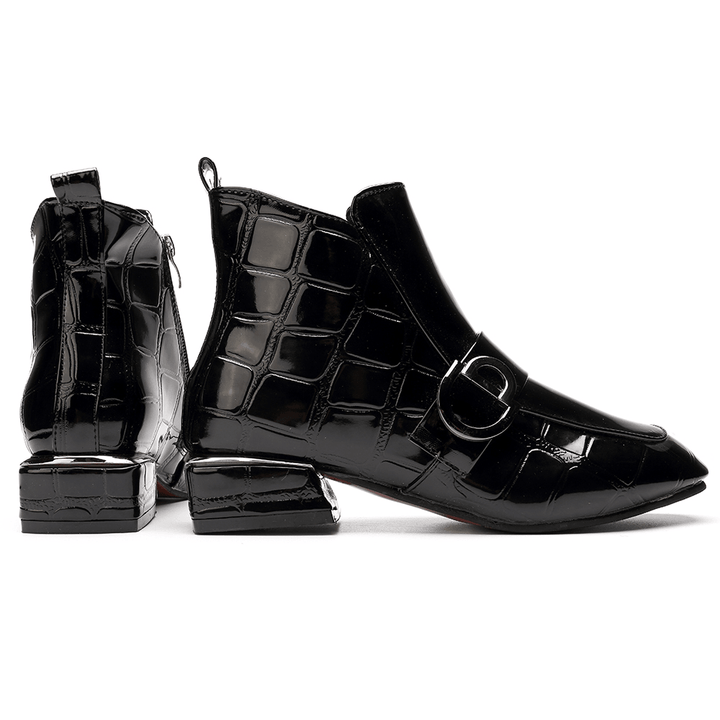 Women Chic Embossed Patent Buckle Zipper Ankle Boots - MRSLM