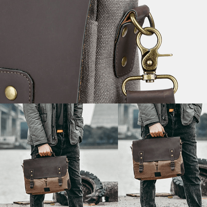 Men Canvas Large Capacity Cover Zipper Vintage Business Messenger Bag Laptop Bag Crossbody Bag Handbag - MRSLM