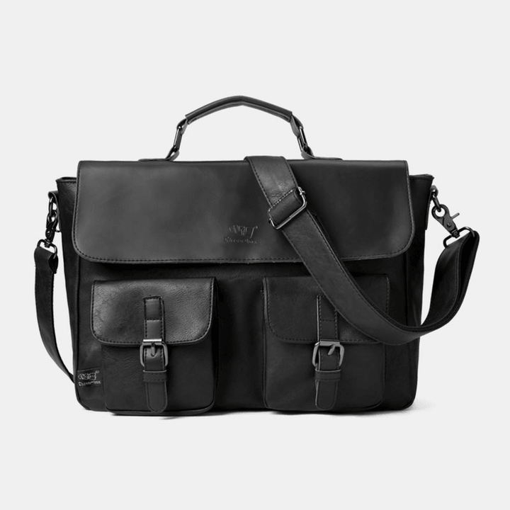 Men Vintage Multifunction Double Front Pocket Teacher Bag Briefcase 14 Inch Laptop Bag Crossbody Shoulder Bag - MRSLM