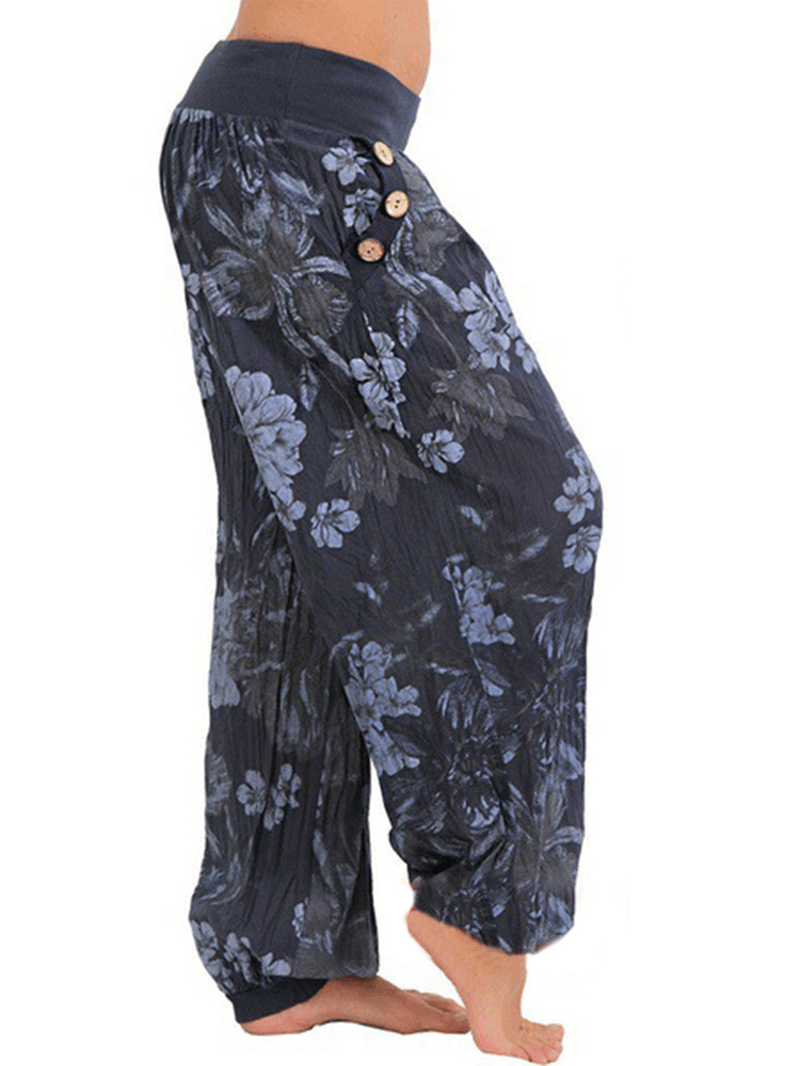 Women Casual Loose Floral Print Button Full Length Pants - MRSLM