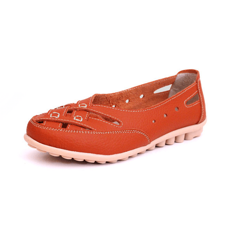 Women Summer Flat Casual Outdoor Hollow Out Leather Soft Comfortable Flat Loafers Shoes - MRSLM