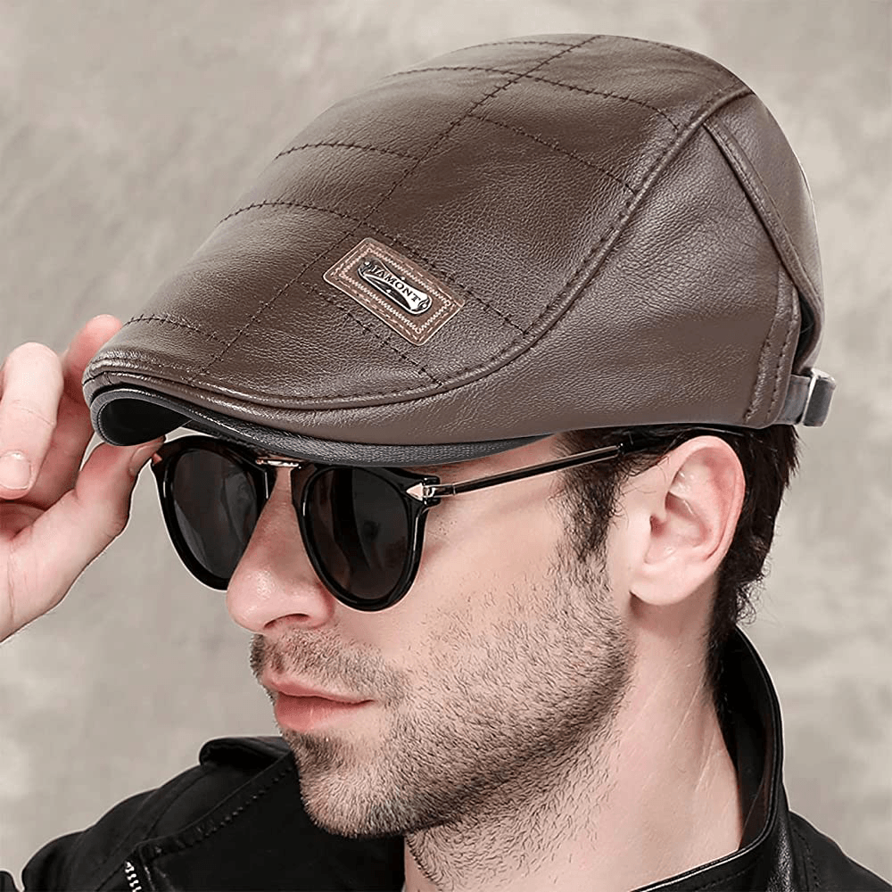 Collrown Men Faux Leather Autumn Winter Solid Keep Warm plus Velvet Fashion Leather Adjustable Beret Hat - MRSLM