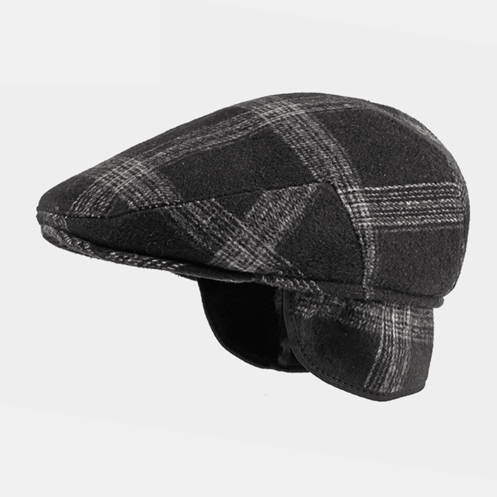 Men Felt Ear Protection Winter Outdoor Plaid Pattern Warm Universal Beret Hat Forward Hat - MRSLM