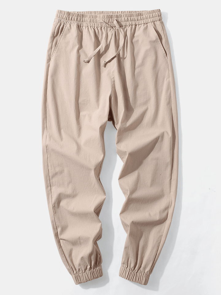 Mens 100% Cotton Solid Casual Drawstring Elastic Ankle Pants - MRSLM