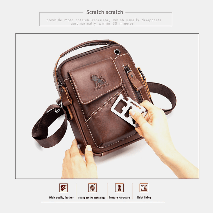 Men Genuine Leather Wear-Resistant Headphone Hole Multi-Pocket Vintage Crossbody Bag Shoulder Bag - MRSLM