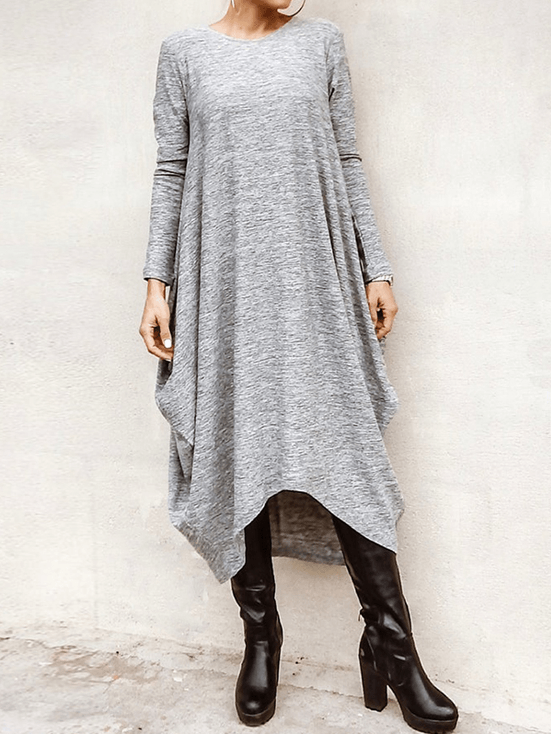 Women's Casual High Low Hem Midi Dress - Loose Fit with Long Sleeves - MRSLM