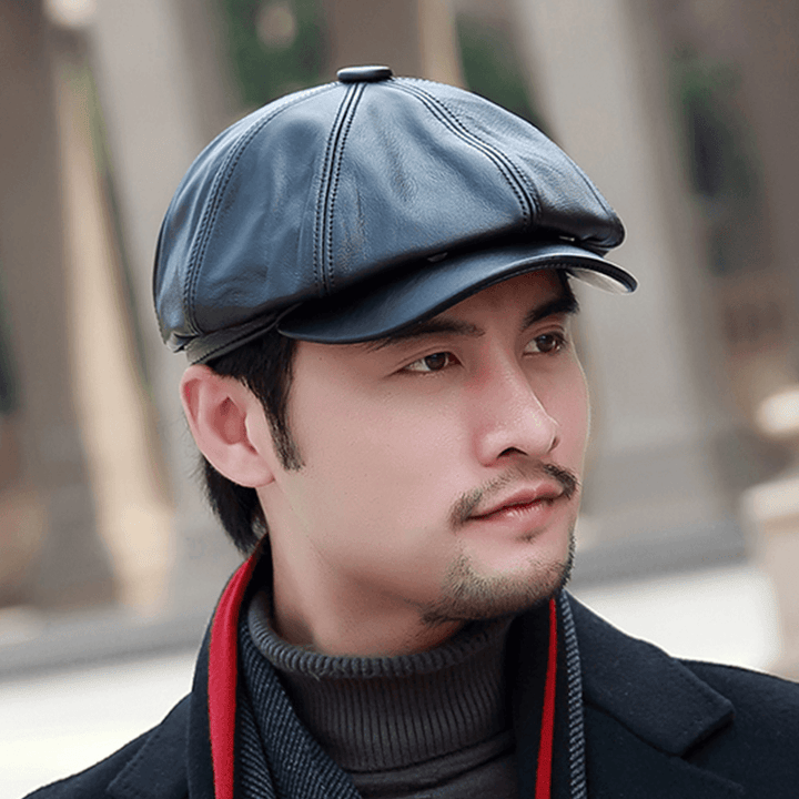 Men British Casual First Layer Cowhide Octagonal Hat Retro Waterproof Windproof Warm Painter Hat Newsboy Hat - MRSLM