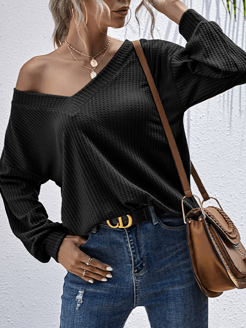 Women Texture Knit V-Neck Pure Color Long Sleeve Plain Sweaters - MRSLM