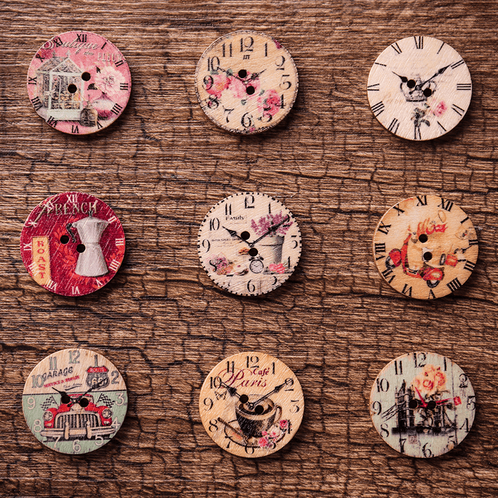 50PCS 25MM 2 Holes Decorative Clock Pattern Log Painted round Shape Fasteners Buttons - MRSLM