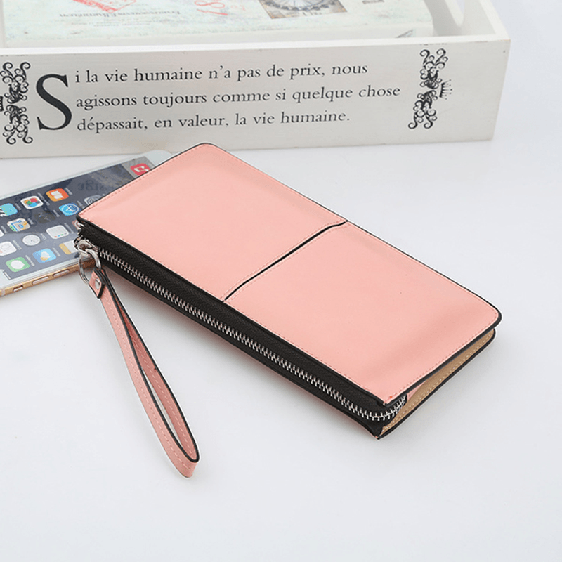 Woman PU Patchwork Line Wallet Elegant Ultra Thin Wristlet Wallet Phone Wallet - MRSLM