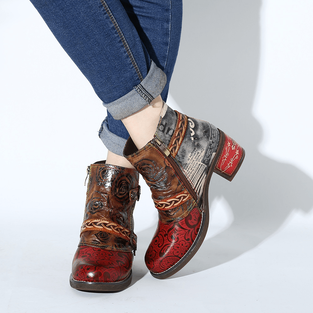 Women Embossed Rose Genuine Leather Splicing Boots - MRSLM