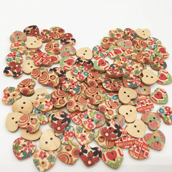 100 PCS Heart Shape Wooden Button Mixed 2 Hole Natural Sewing Children Handmade Clothes Buttons - MRSLM