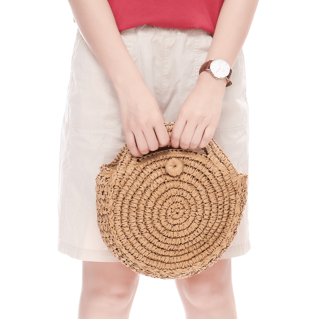 Round Straw Bag Beige White Women Rattan Circle Handwoven Shoulder Bag Crossbody Bag - MRSLM