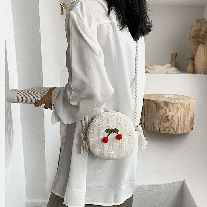 Summer Cherry Dotted round Straw Crossbody Bag Shoulder Bag - MRSLM