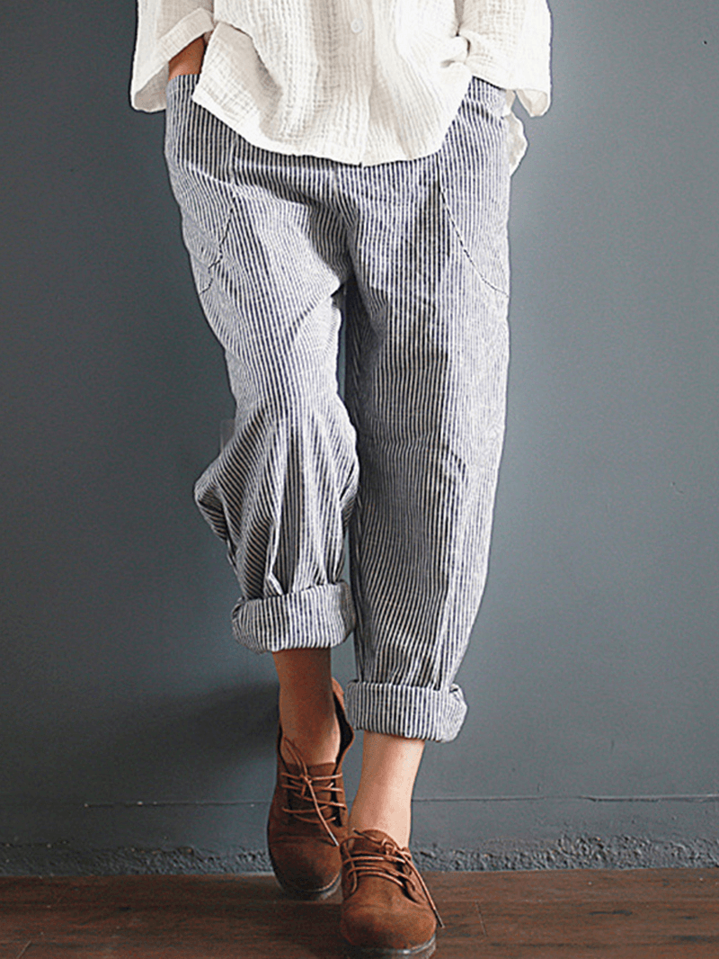 S-5XL Casual Stripe Pocket Elastic Waist Women Harem Pants - MRSLM