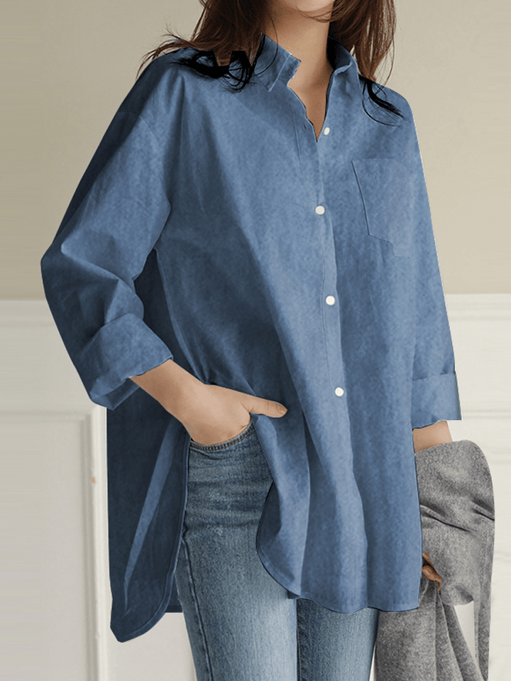 Women Solid Color Turn-Down Collar Blouse Irregular Hem Chest Pocket Splited Denim Shirts - MRSLM