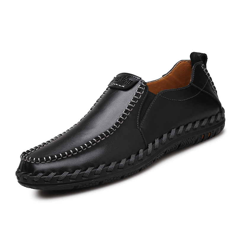 Men Hand Stitching Sfot Leather Non Slip Sole Comfy Slip-On Casual Driving Shoes - MRSLM