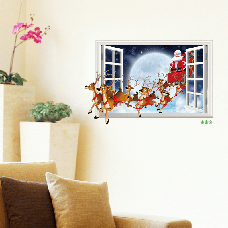 Miico XH7229 Christmas Sticker Cartoon Christmas Deer Santa 3D Wall Art Stickers Removable - MRSLM