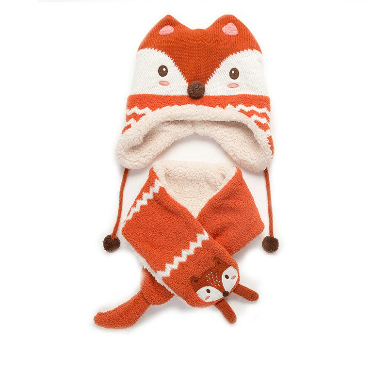 Autumn Winter Children plus Velvet Hat Scarf Set Baby Lovely Cartoon Fox Print Knitted Hat Kids Cap Collar Boy Girl Neck Warmer - MRSLM