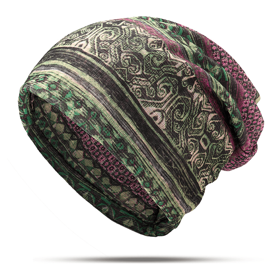 Women Cotton Ethnic Plaid Multifunctional Beanie Hat Scarf Vintage Good Elastic Turban Caps - MRSLM