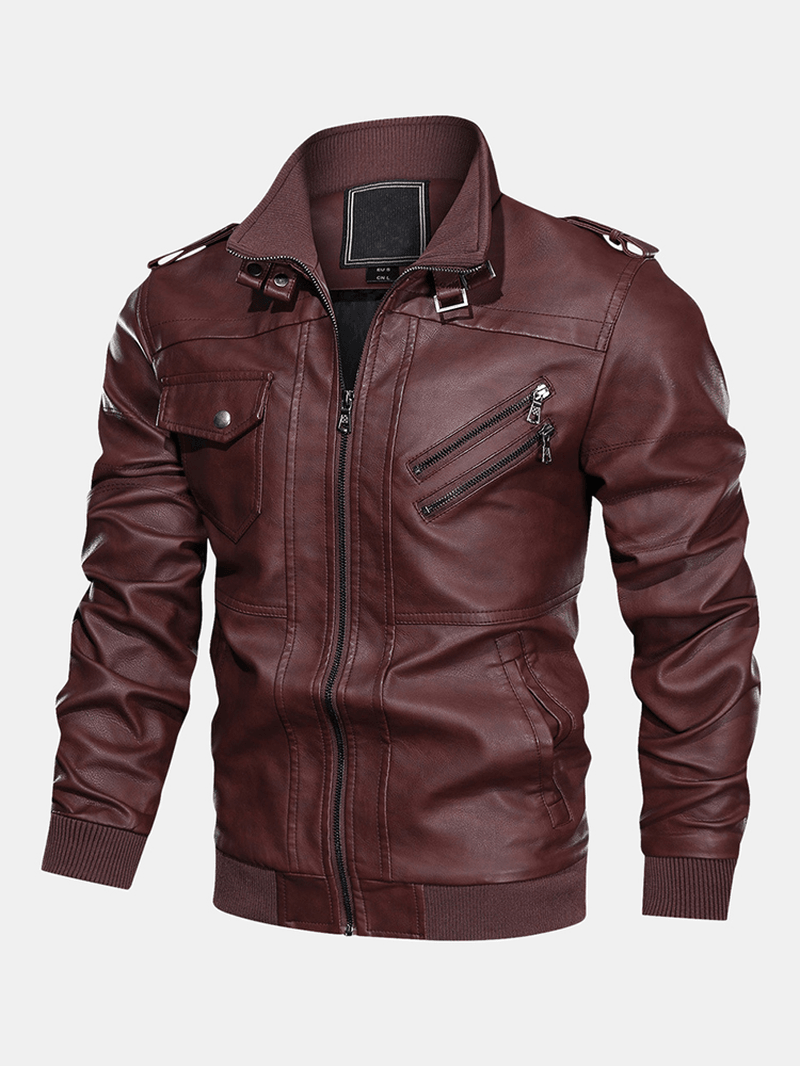 Mens Solid Color PU Leather Zip Front Biker Jackets with Multi Pockets - MRSLM