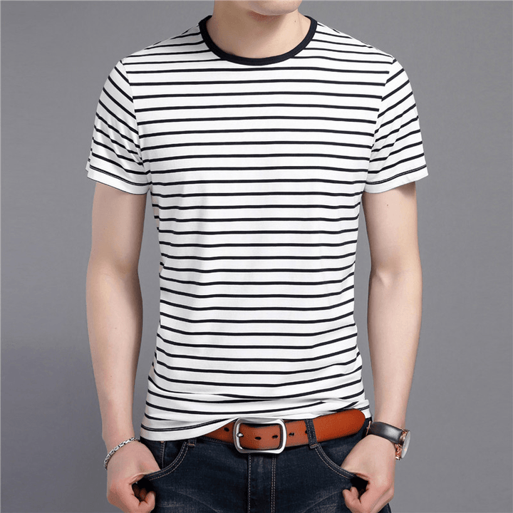 Round Neck Pullover Men'S Short-Sleeved T-Shirt Korean Style Slim Men'S Stripes - MRSLM