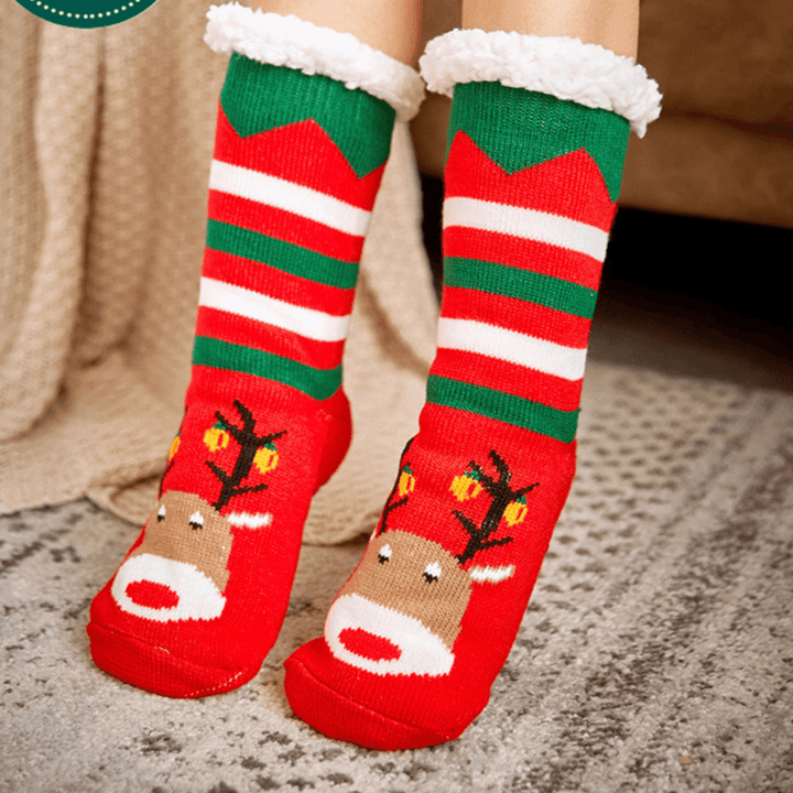 Women Warm Winter Outdoor Christmas Style Stripe Elk Pattern plus Velvet Thicken Home Sleep Socks Tube Socks - MRSLM