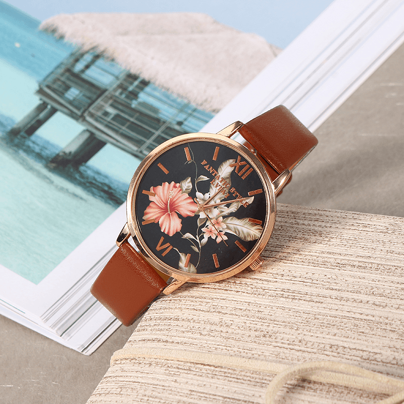 LVPAI Fashion Flower Pattern PU Leather Strap Womenwrist Watch Ladies Dress Quartz Watch - MRSLM