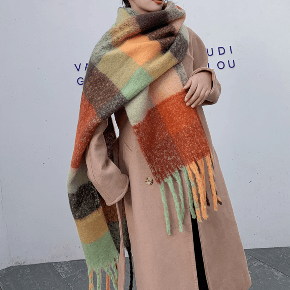 Women Cashmere Dual-Use Rainbow Mixed Color Stripes Thicken Warm plus Long Tassel Scarf Shawl - MRSLM