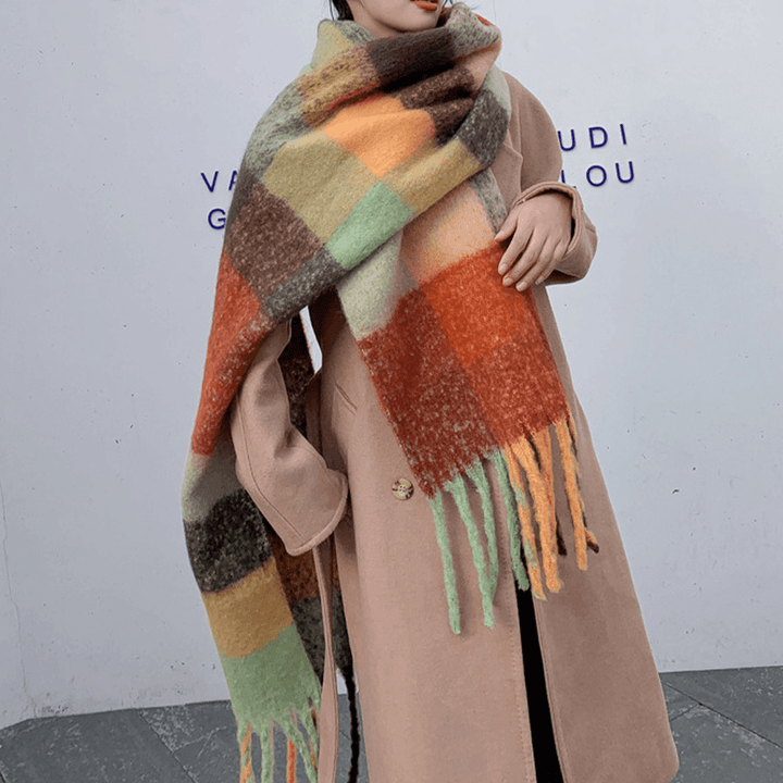 Women Cashmere Dual-Use Rainbow Mixed Color Stripes Thicken Warm plus Long Tassel Scarf Shawl - MRSLM