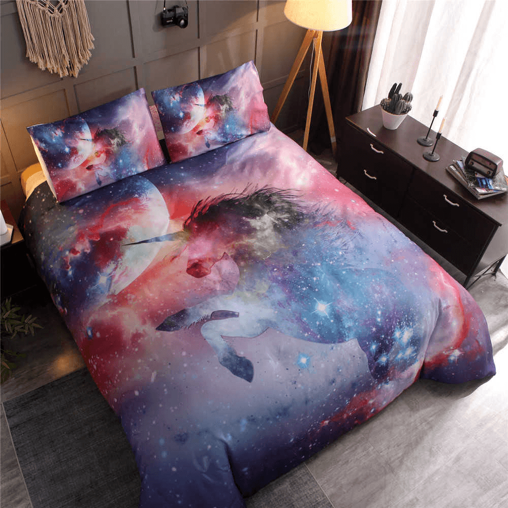 3 PCS Bedding Sets Watercolor Unicorn Campanula Quilt Cover Pillowcase for Queen Size - MRSLM