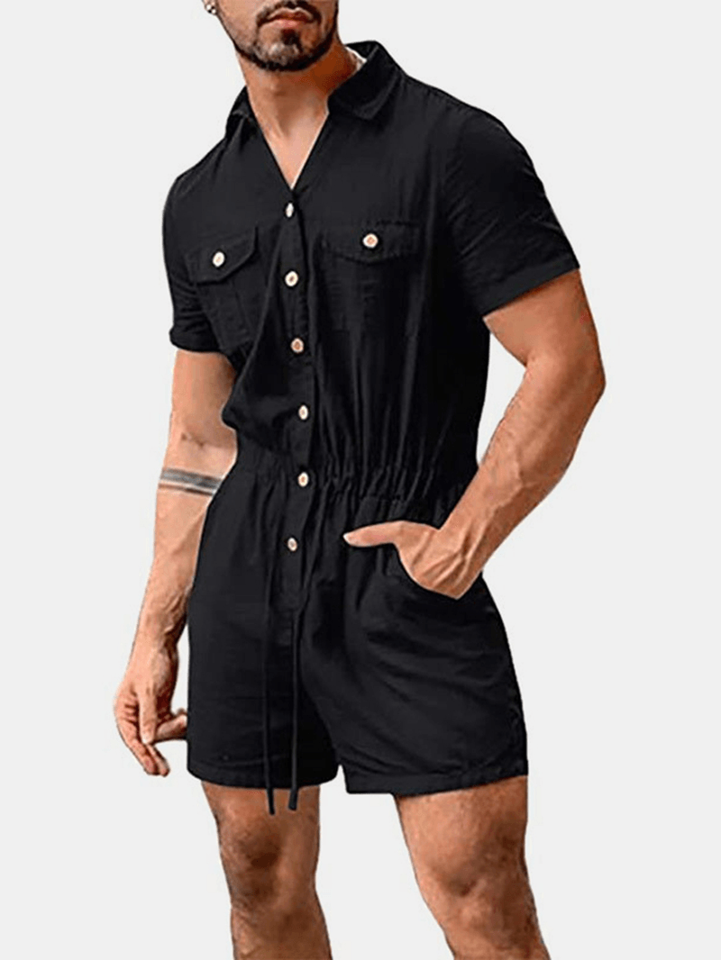 Mens Cotton Solid Color Multi Pocket Casual Short Sleeve Shorts Jumpsuits - MRSLM