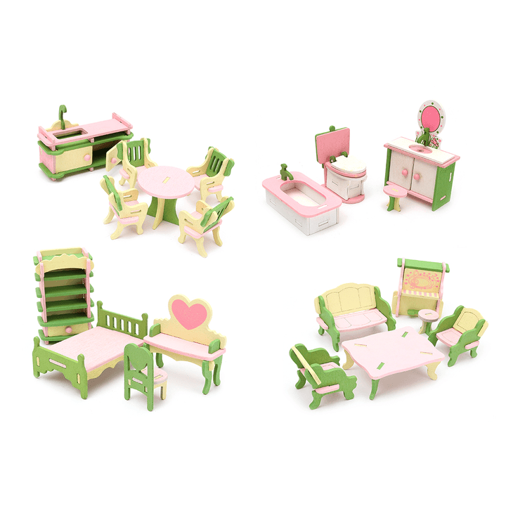 Wooden Furniture Set Doll House Miniature Room Accessories Kids Pretend Play Toy Gift Decor - MRSLM