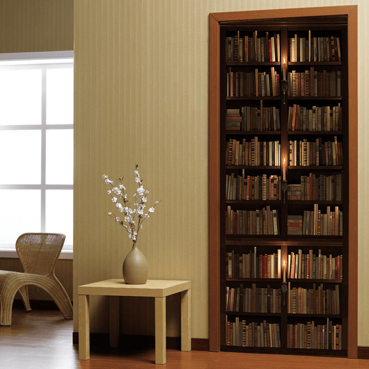 3D Door Wall Sticker Self Adhesive Retro Bookshelf Decal Home Art Decor - MRSLM